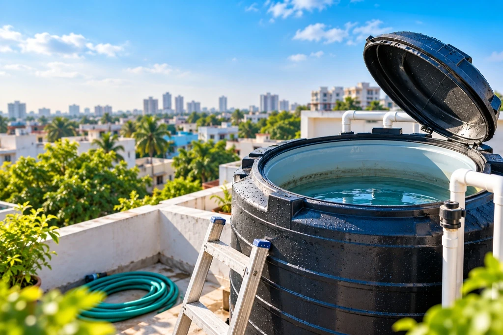 Rooftop water tank maintenance checklist and ladder preparation in Champapet