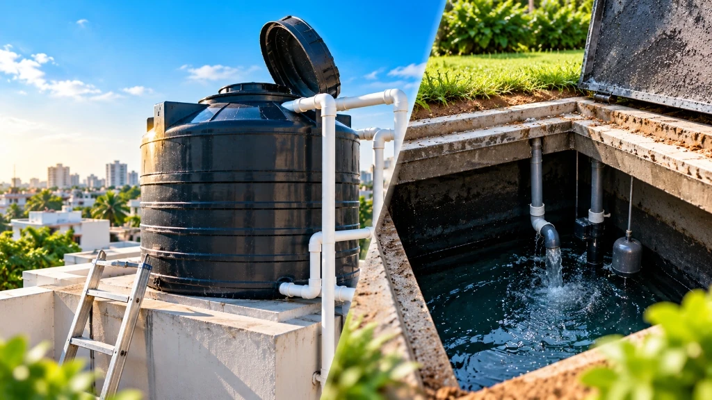 Structural view of overhead rooftop water tank and underground sump chambers in Champapet