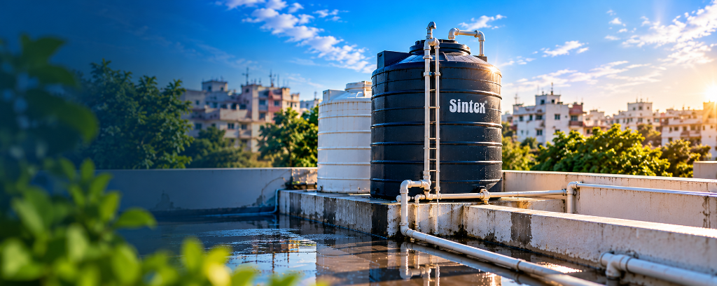 Rooftop Sintex water tank cleaning setup in Champapet