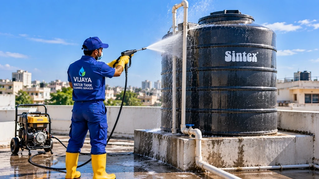 Overhead rooftop water storage tank inspection and cleaning setup